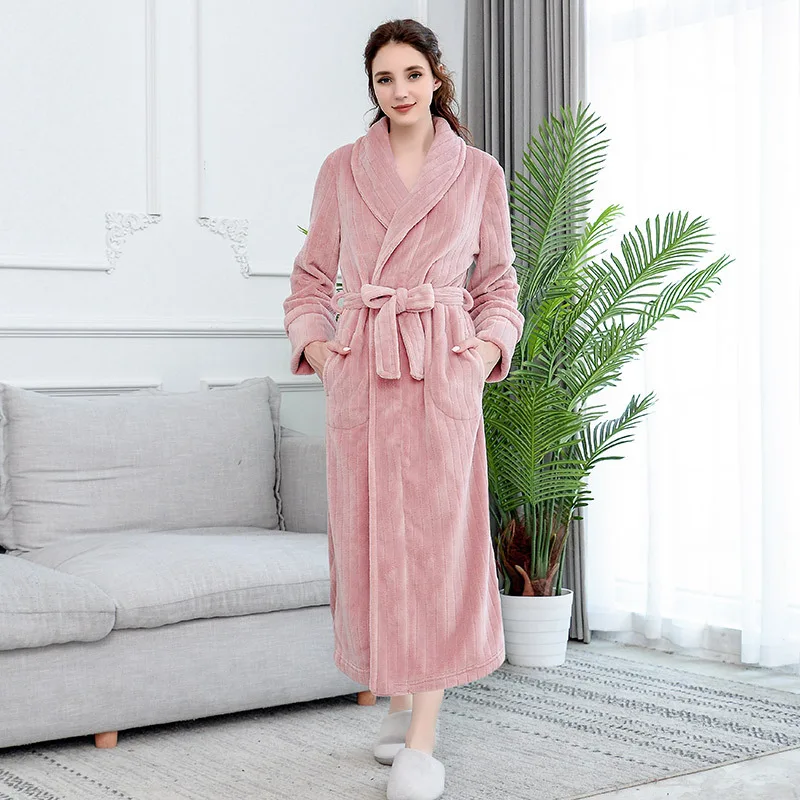 Women Pink Высококачественный зимний халат для женщин и мужчин размера плюс в полоску фланелевый Халат женский удлиненный до лодыжки толстый теплый Халат - Цвет: Women Pink