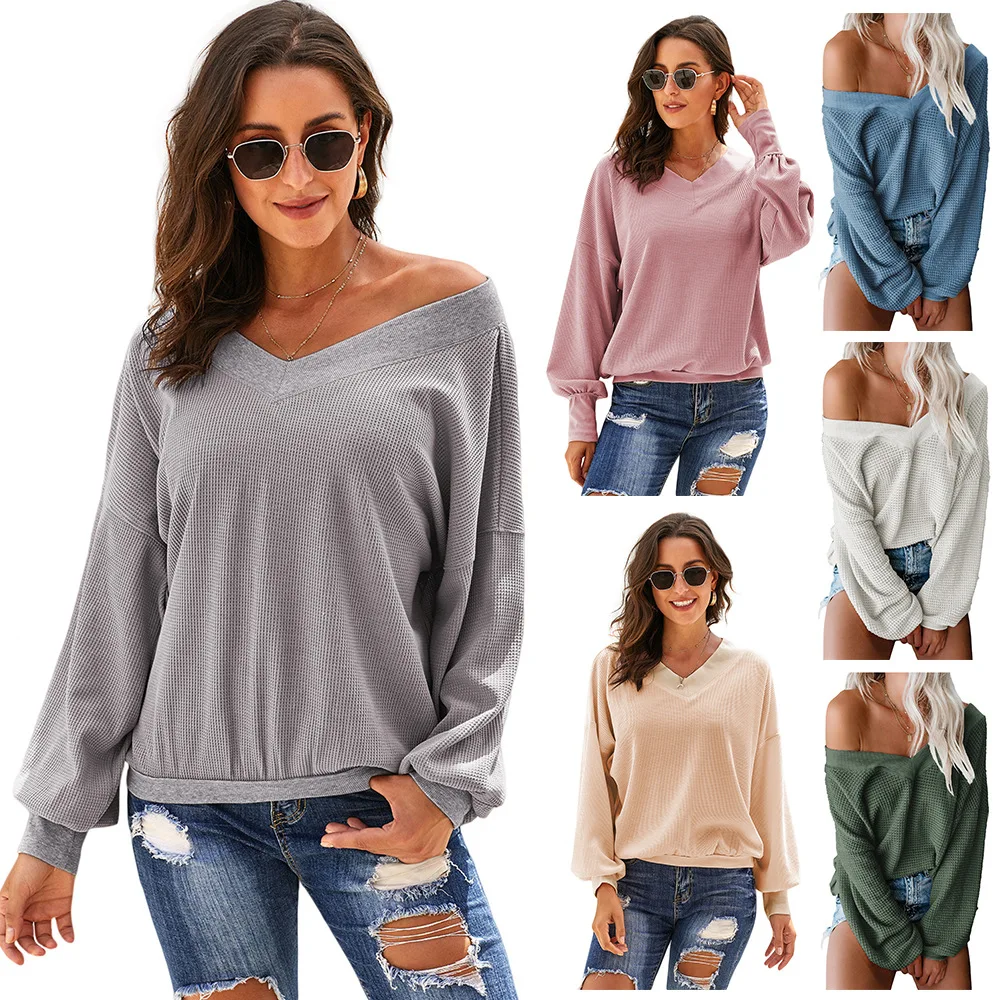 

2020 Loose long-sleeved women's autumn and winter new style wild pure color v-neck casual pullover T-shirt