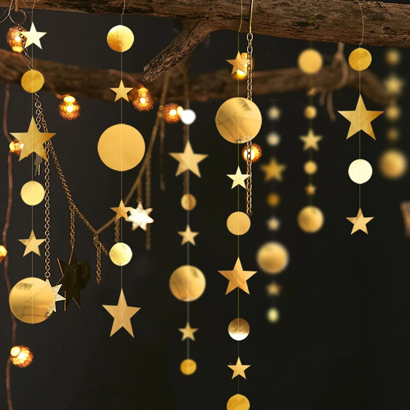 4m Mirror Paper Star Round Gold Garland Flash Banner Happy Birthday Wedding Party Favor Baby Shower Curtain Decoration Supplies