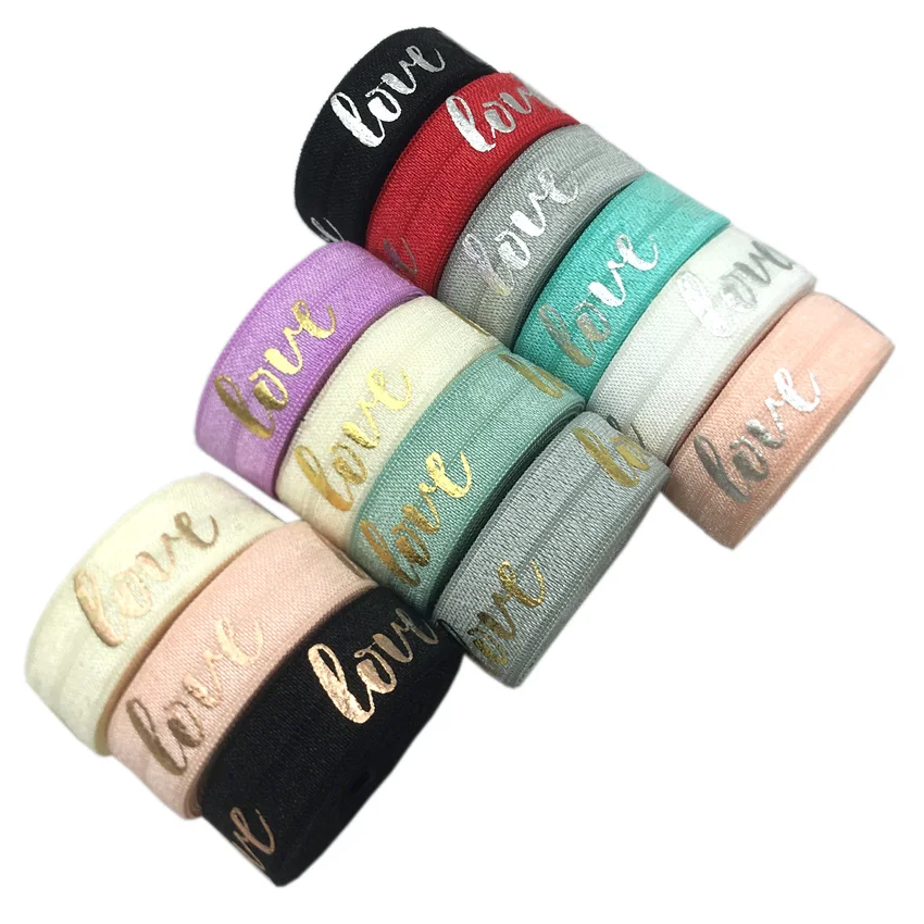 

10Yards 15mm Rose Gold Foil LOVE Print Fold Over Elastic FOE Ribbon Webbing For Headwear Hair Sewing Accessories