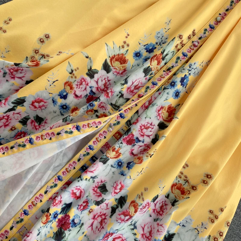 

Women Vintage Print Floral Dress Turn Down Collar Puff Sleeve A Line Dress Autumn Bohemian Palace Style Maxi Dress