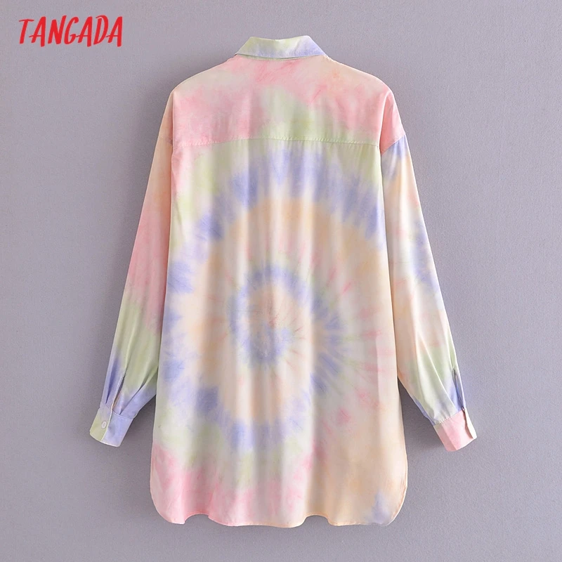 

Tangada Women Vintage Tie Dyed Print Oversized Long Shirt Long Sleeve Autumn Chic Female Casual Loose Shirt QN139
