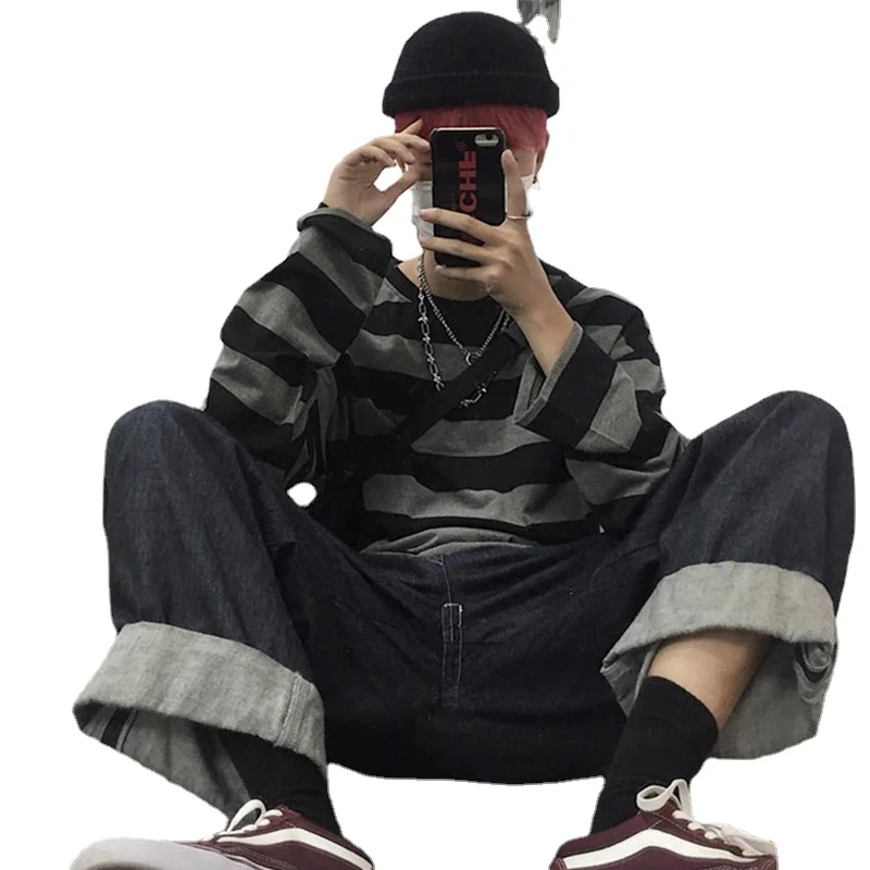 

Harajuku Oversized High Street Stripe T-Shirt Long Sleeves Vintage Style All-Match Fashion Unisex Clothes Japanese Streetwear