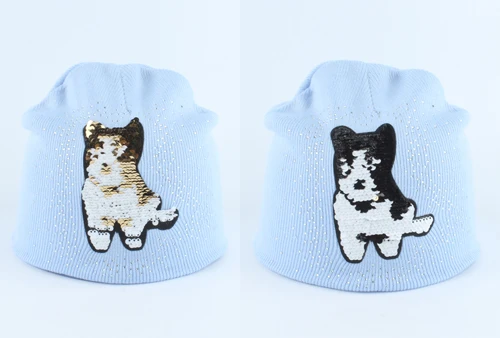 dog blue Зимняя шапка для маленьких девочек, зимняя шапка с рисунком медведя, забавная шапка с пайетками, двухслойная теплая вязаная шапка со стразами, шапочки - Цвет: dog blue