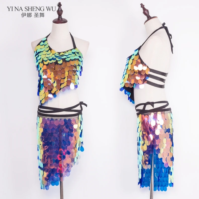 

Women Belly Dance Costume Sets Sequins Bra Top Hip Scarf Skirt Performance Clothes Sexy Sequin Bra Hip Scarf Bellydance Wear