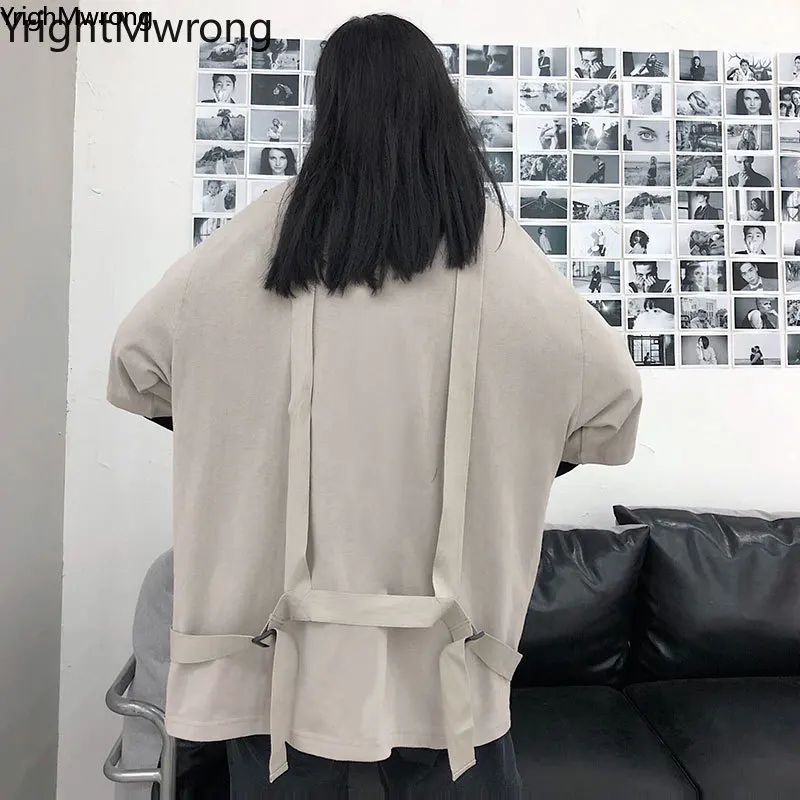

Contrast Sleeve Ribbon Belt Strap Punk Loose T Shirt T-Shirt Streetwear Techwear Harajuku T Shirt Graphic Woman Man Top Hip Hop