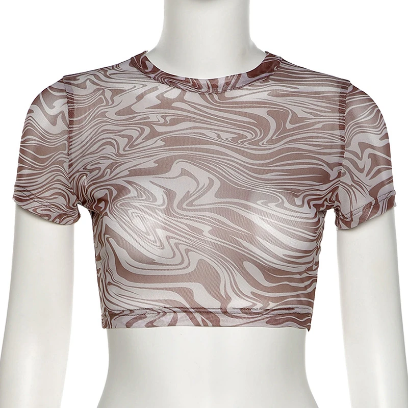 

NOVAINSPO 70s Ripple Print Mesh Cropped Tees Short Sleeve Sheer Transparent T Shirts Women Skinny Baddie Style Fashion Crop Top