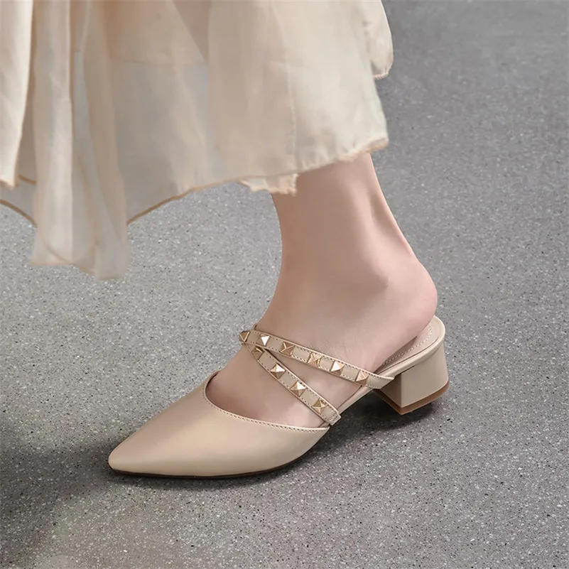 

Meotina Women Pumps Rivet Real Leather Mid Heels Mules Shoes Pointed Toe Thick Heel Footwear Summer Female Shoes Beige Size 40