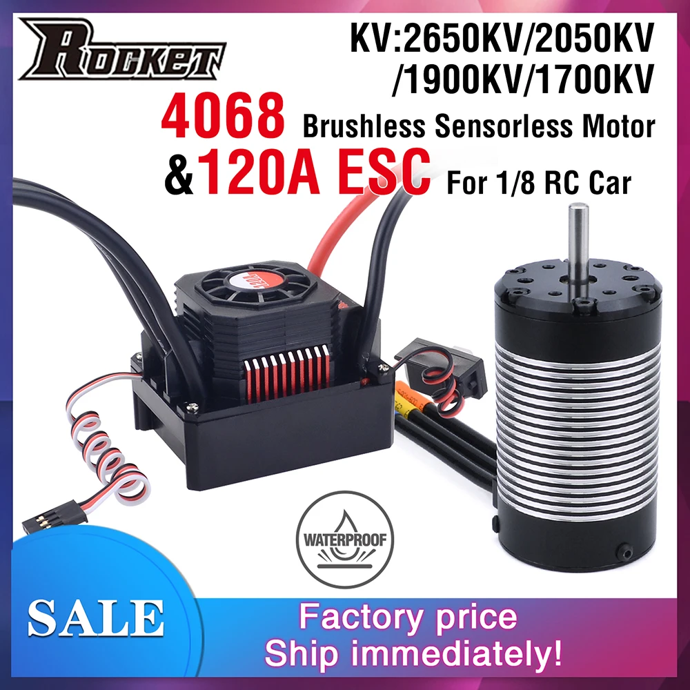 

Rocket 4068 Waterproof Brushless Sensorless Motor 2650KV 2050KV 1900KV 1700KV w/120A 150A ESC for 1/8 RC Car