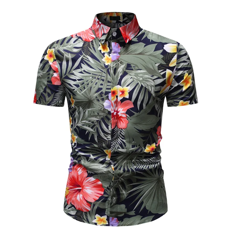 

Pop Summer Business Casual Short Sleeve Print Shirt Men Fashion Slim Tops Party Social Shirts Male Hawaiian Beach Shirts Man