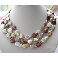 unique pearls jewellery store 3 rows 14mm multicolor coin freshwater pearl necklace shell flower clasp classic smart jewelry
