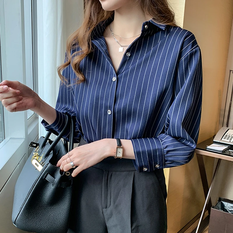 

2021 модная Осенняя Корейская шифоновая женская блузка с рукавом 3/4, элегантная офисная свободная женская синяя блузка, топы, блузки, одежда