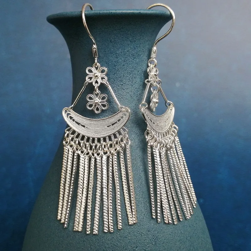 Женские серьги-кисточки из серебра 999 пробы в этническом стиле