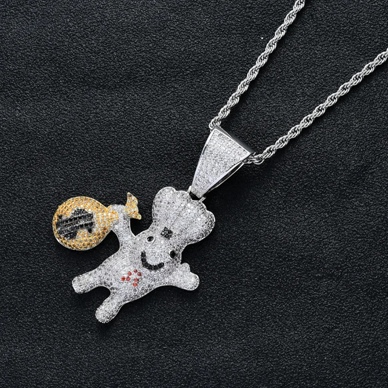

Rhinestone Chacin Ice Out Cubic Zircon Moneybag Doll Pendant Necklace Hip Hop Men Charm Chain Jewelry