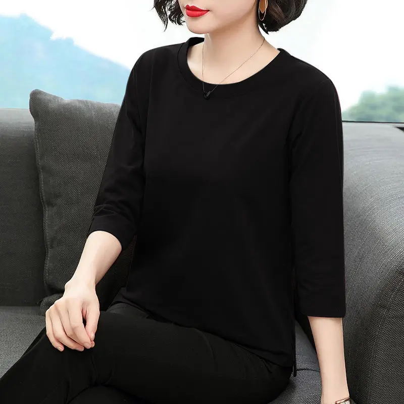 Cotton 2020 spring new small shirt fashion loose solid color seven sleeve T-shirt middle top | Женская одежда