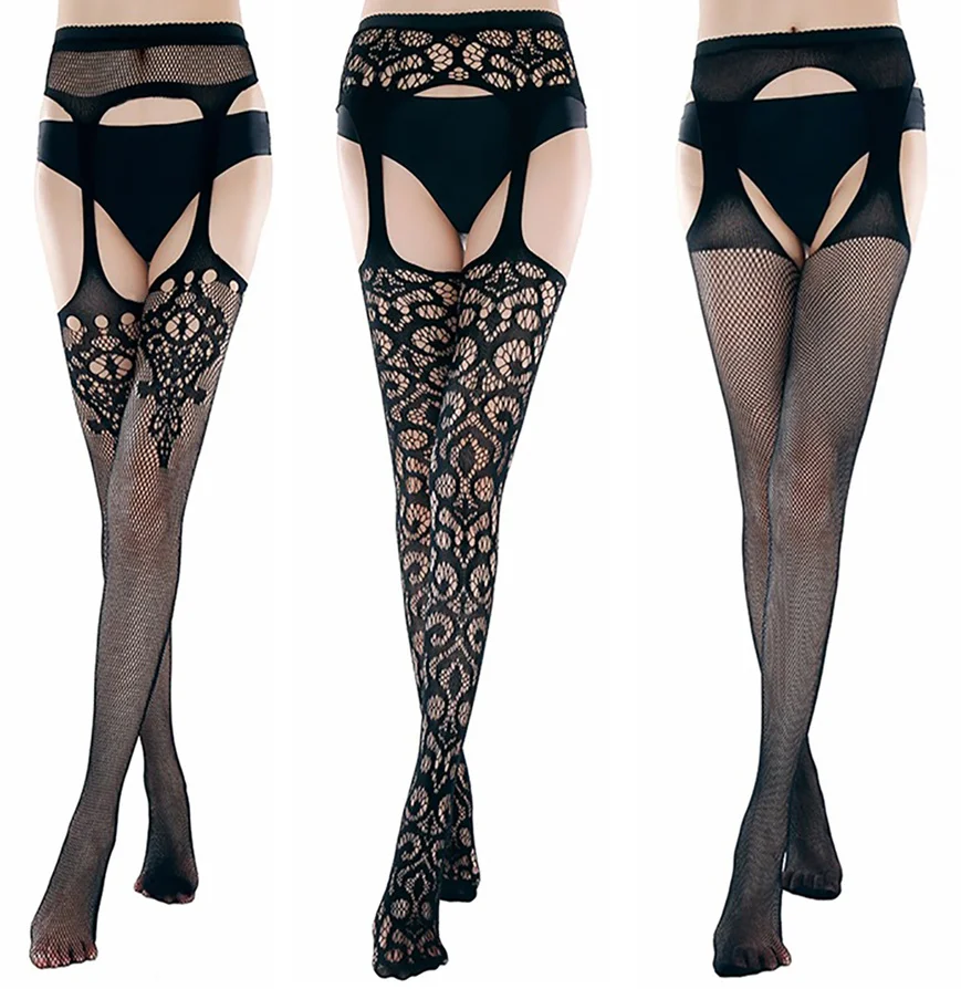 3 шт./лот Женские полосатые эластичные прозрачные черные ажурные чулки с вышивкой