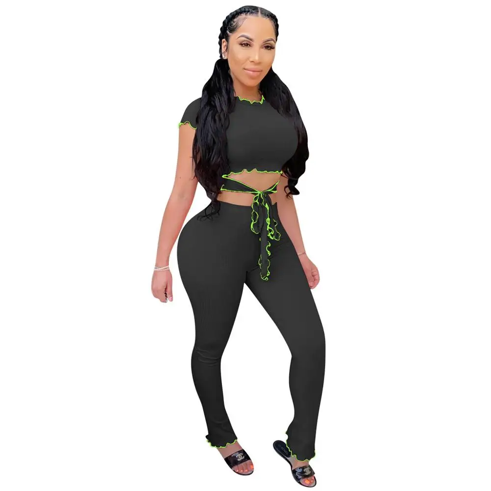 

2020 Europe sexy single color nightclub two piece fashion slim o-neck short sleeve vest and pants women's suit