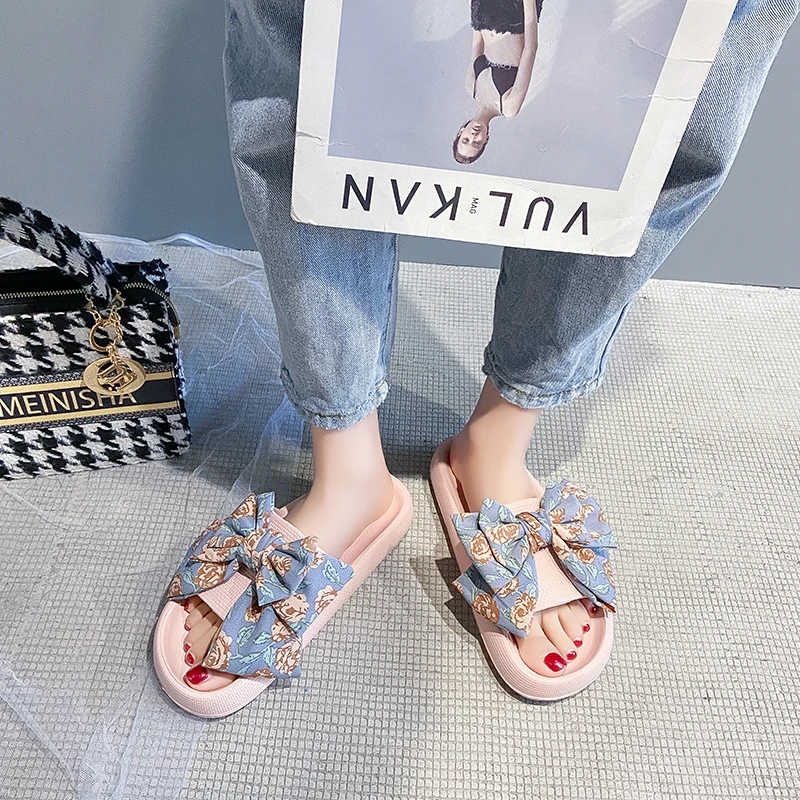 

Casual New Women's Slippers 2021 Printed Bow Decoration Sweet and Versatile Fashion Small Fresh Women's Slippers
