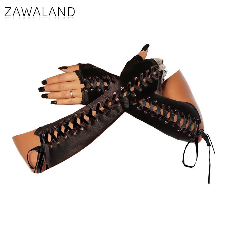 

Zawaland Women Ribbon Bandage Sexy Nightclub Gloves Cosplay Party Accessory Punk Fingerless Long Gloves Fashion Lace-Up Mittens