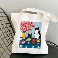 shopper french press coffee cats printed tote bag women harajuku shopper handbag girl shoulder shopping bag lady canvas bag