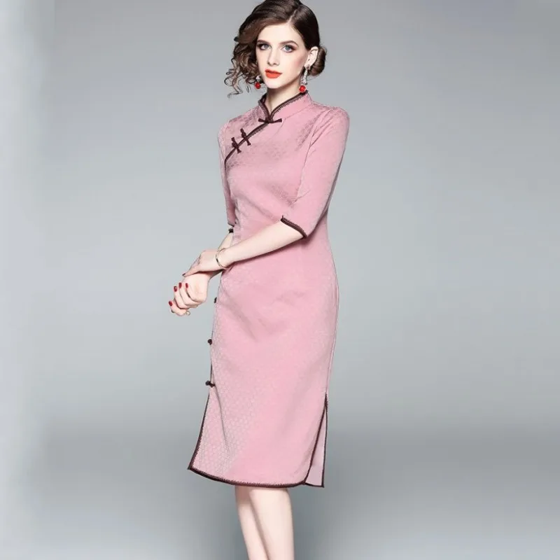 

Classic Cheongsam Chinese Style Retro Autumn Female Slim Jacquard Red Dresses Ladies Elegant Tight Party Dress Designer