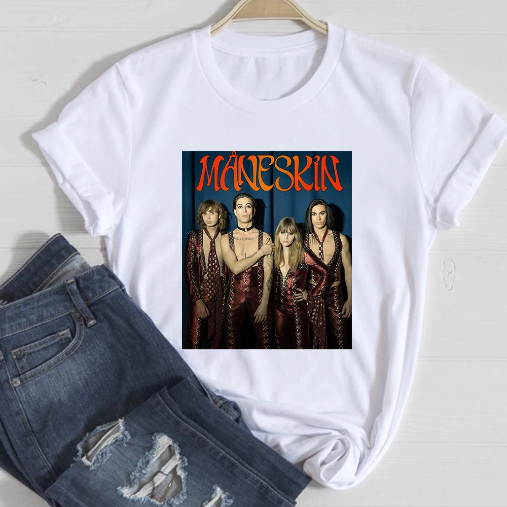 

New Fashion Maneskin T-shirt Print Short Sleeve O-neck Women White Tops Unisex Casual Clothes Funny Y2k Tee Shirt Femme Dropship