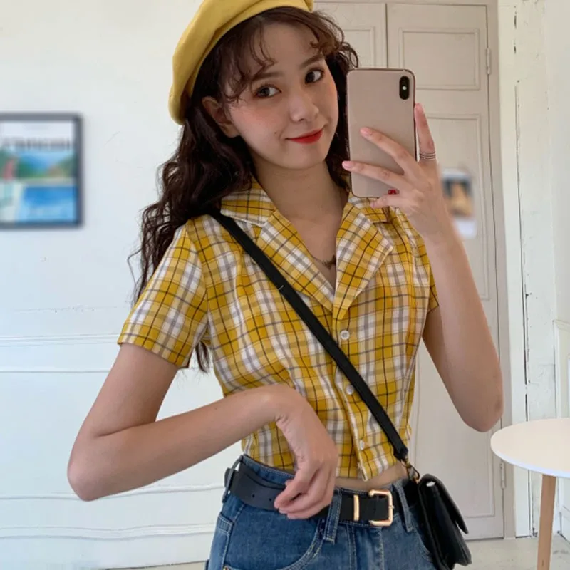 

Women's Plaid Notched Exposed Navel Casual Short Sleeve Coat Tops