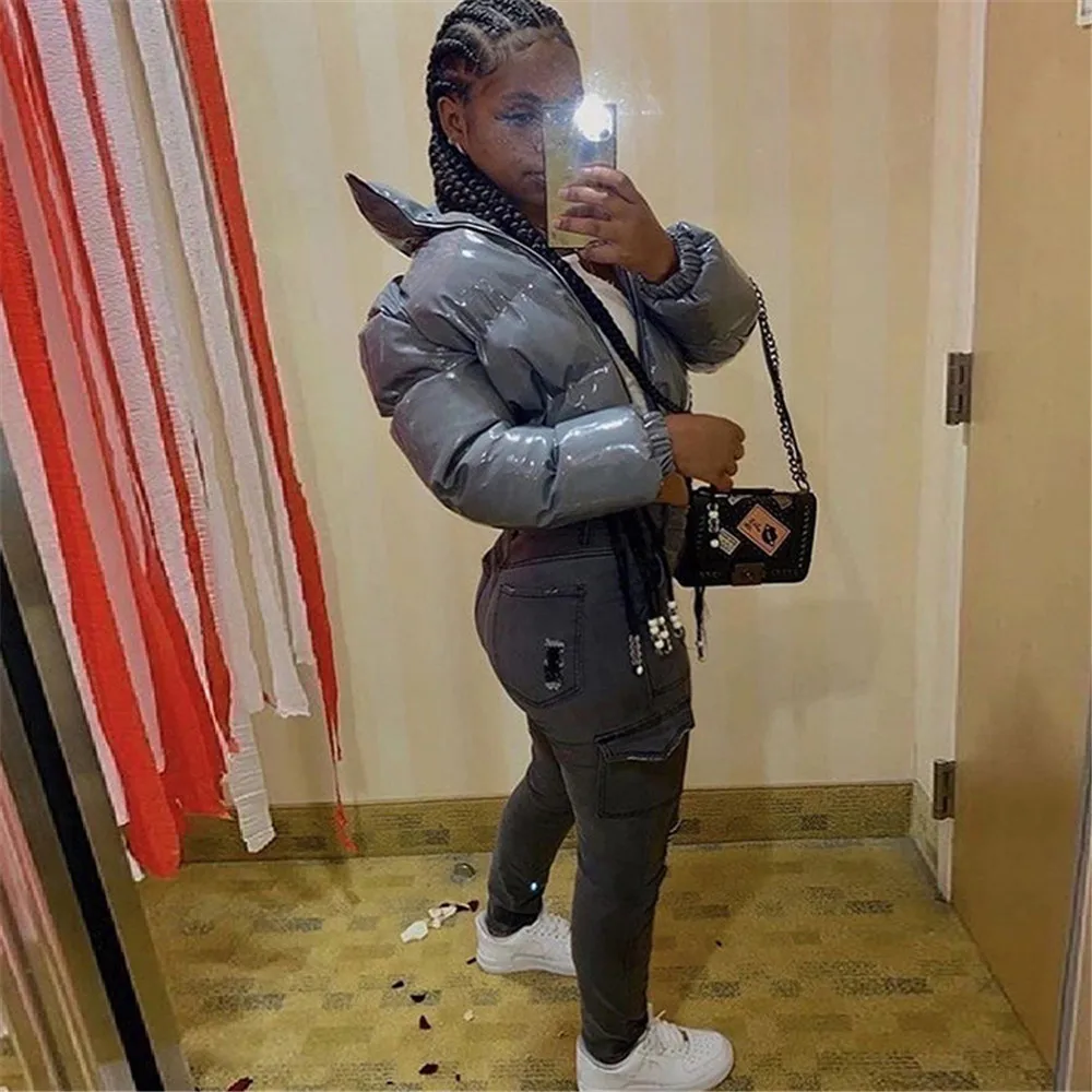 

Cropped Puffer Jacket Solid Puff Sleeve Stand Collar Cotton-Padded Coats Fashion Autumn Winter Warm Short Outerwear