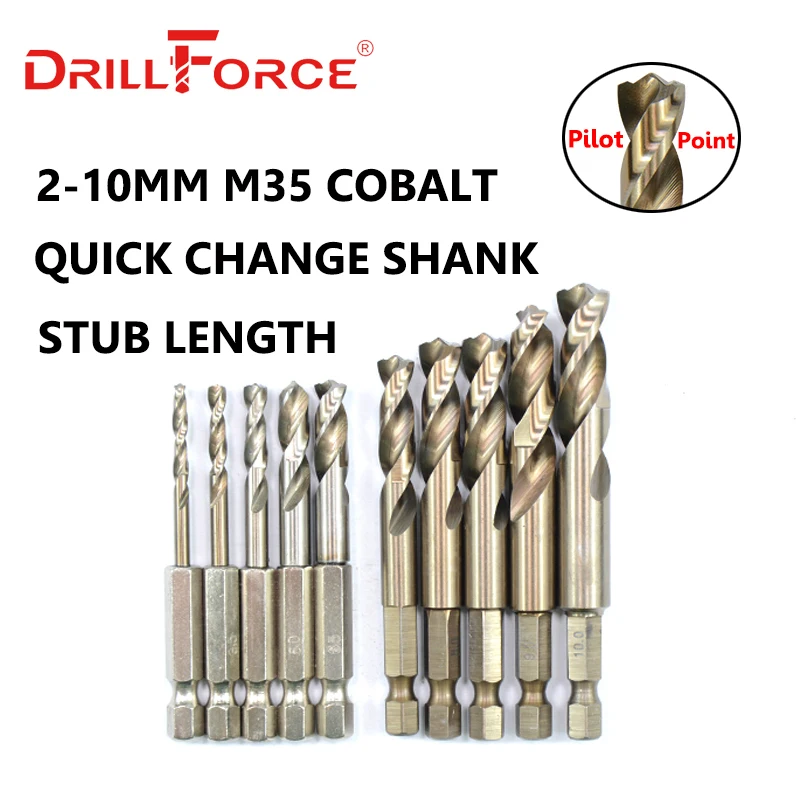 Drillforce 10PCS 2mm-13mm M35 HSSCO Cobalt Drill Bits HSS Twist Hex Quick Change Pilot Point Stub Drill Bit For Stainless Steel
