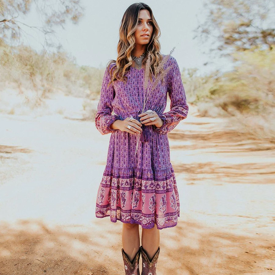 Женское платье с длинным рукавом V образным вырезом и поясом на резинке|Женские