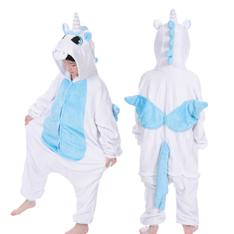 Unicorn Blue 20 NEW kids kigurumi animal dinosaur unicorn pajamas set winter hooded soft Stitch Christmas sleepwear kids girls boys jumpsuit - Цвет: Unicorn Blue