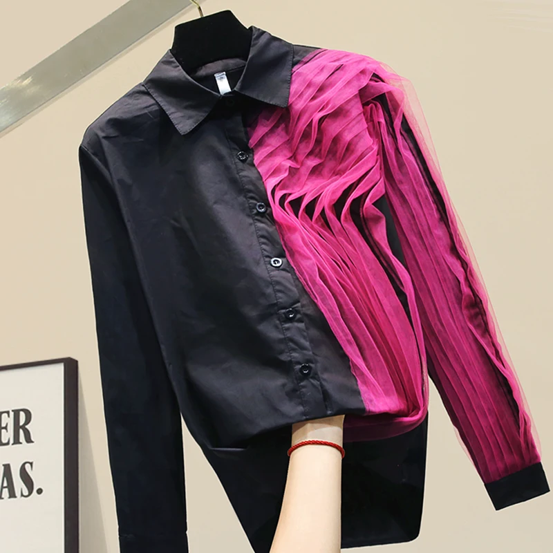 Женская весенняя одежда с отложным воротником черная плиссированная рубашка