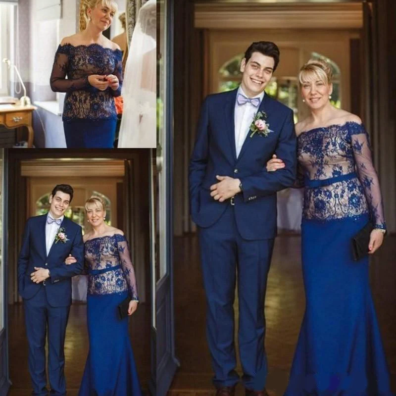 

2020 Modern Royal blue Long Sleeve Lace Mother of the Bride Dress Bateau neck off shoulder floor length evening wear Wedding Gue