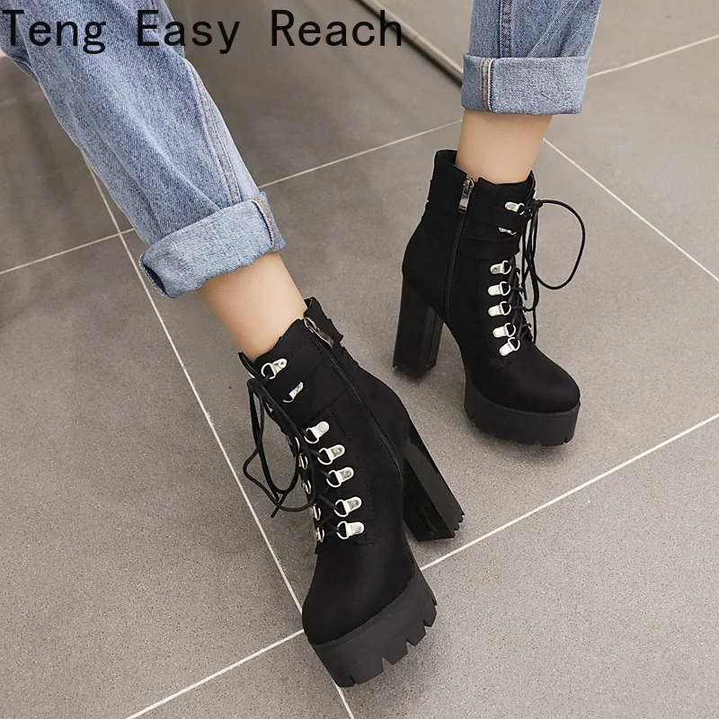 

Platform Round Toe Short Booties High Heel Lace-Up Buckle Ankle Boots Winter Biker Boot Motorcycle Bottes 41