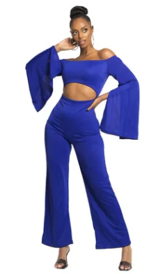 

Women Solid Color Jumpsuit, Sexy Long Sleeve Zipper Closure Off-the-shoulder Hollow Romper