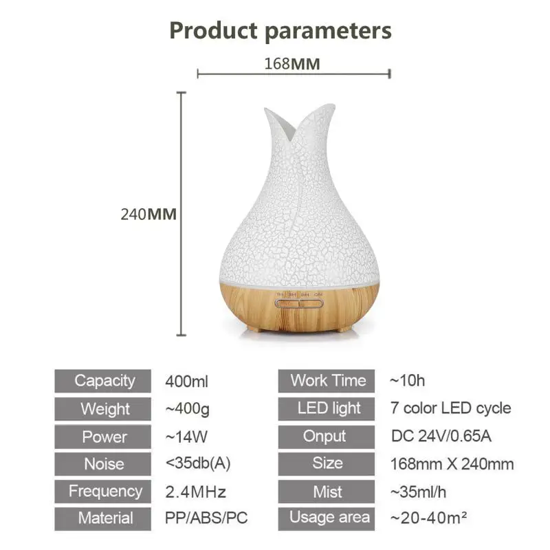 

400ml Colorful Petal Humidifier Aromatherapy Machine LED Light Low Decibel Ultra Quiet Crack Vase Shape Aromatherapy Humidifier