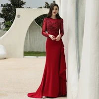 bepeithy o neck mermaid lace evening dress long party for women sexy full sleeves red prom gown floor length sukienki koktajlowe