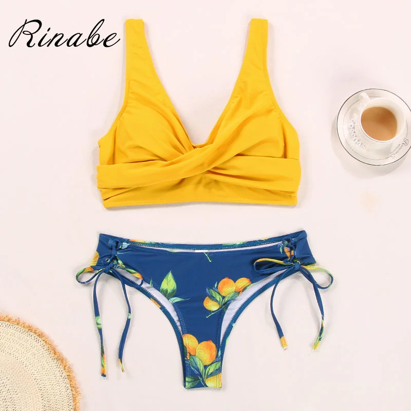 

Rinabe 2021 New Bikini Lemon Print Swimsuit High Waist Bikini Set Solid Color Swiwmear Sexy Bikinis Beach Women Bathing Suit