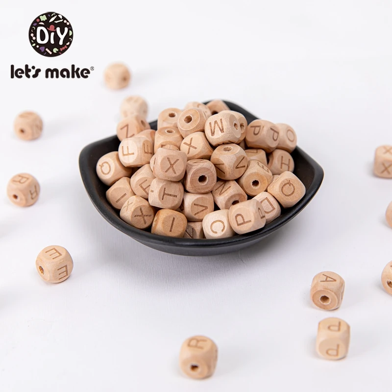 Let's Make-mordedor de madera con forma cuadrada, cuentas de letras de madera de haya, cadena de chupete Diy, mordedor para beb&eacute;s, cuentas de dentici&oacute;n, juguete para ni&ntilde;os, 10 Uds.-3