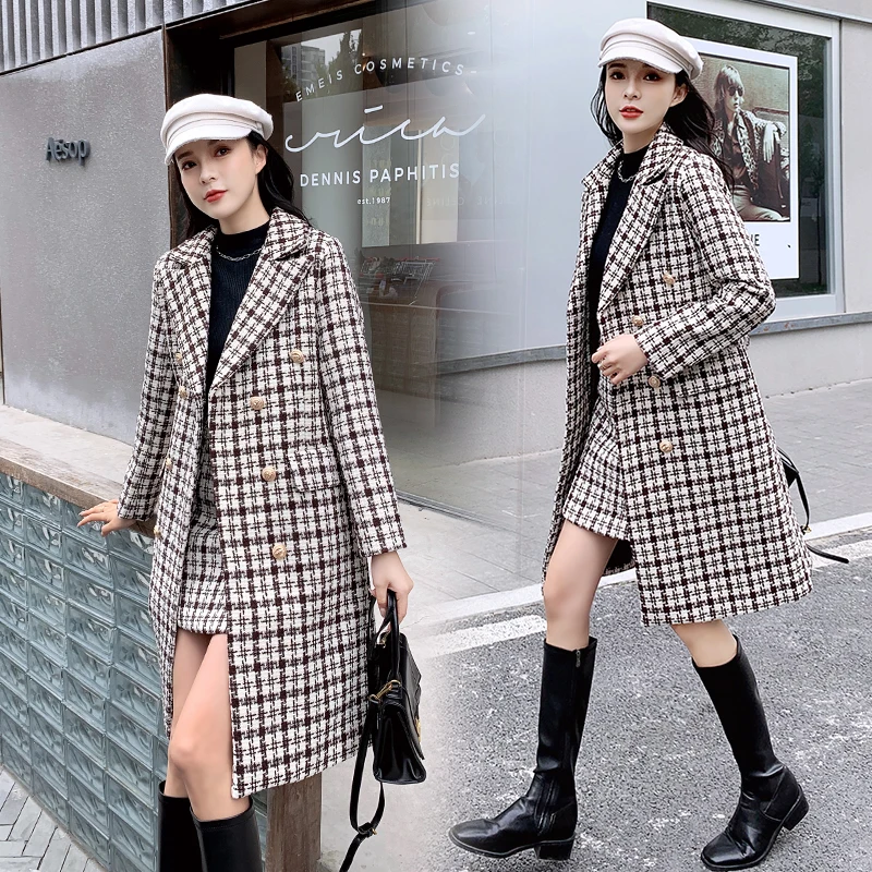 

CBAFU autumn winter houndstooth tweed coat mini skirt 2 piece set thicken warm runway wool long outwear double breasted new M069