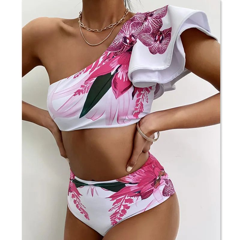 

2021 One Shoulder Ruffle Bikini Set High Waist Swimwear Women Print Floral Bathing Suit Sexy Swimsuit Beach Wear Biquini New