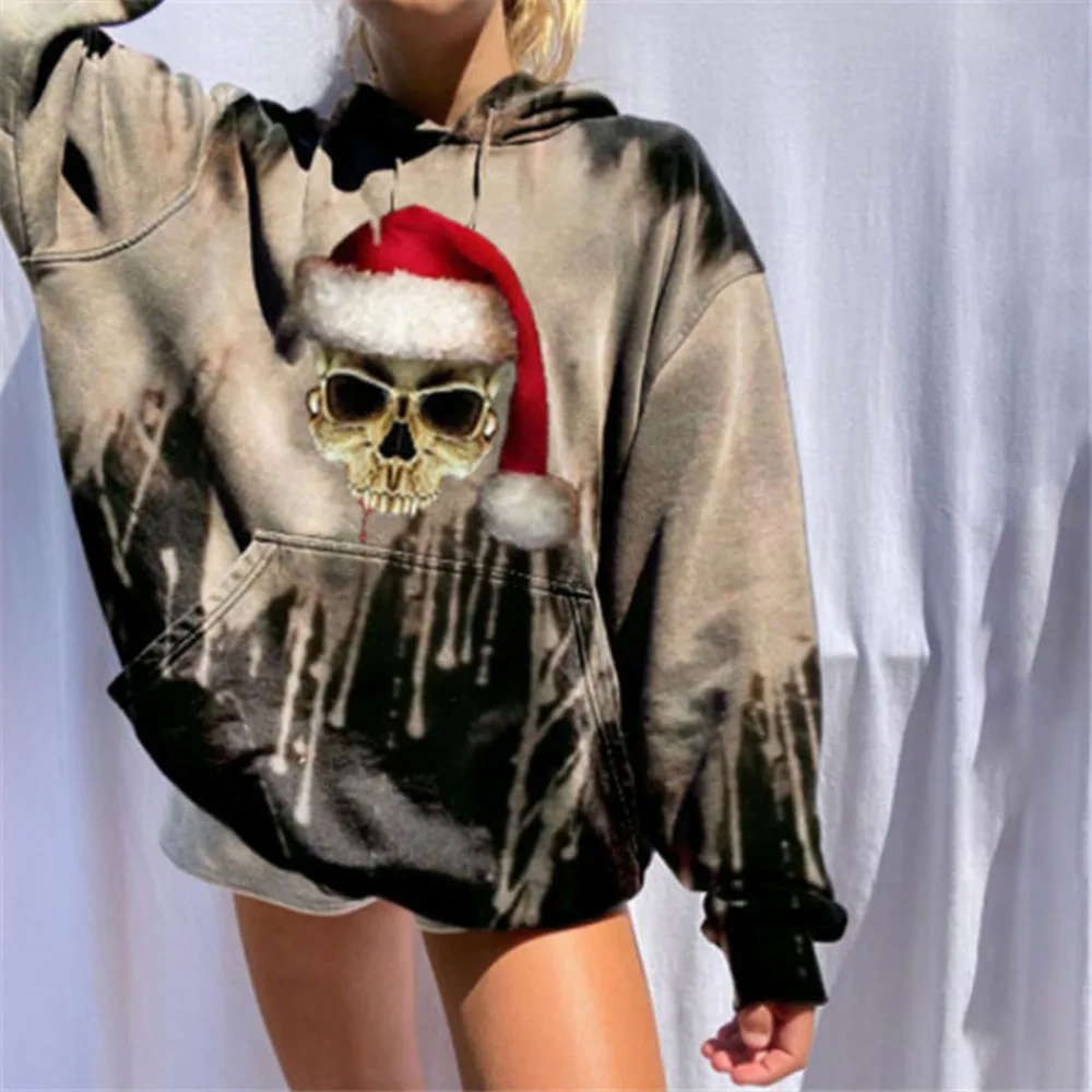 

Women's Fashion Hoodie Casual Long Sleeve Skull Christmas Hat Print Patchwork Pullover Round Neck Tie Dye Loose Winter Tops