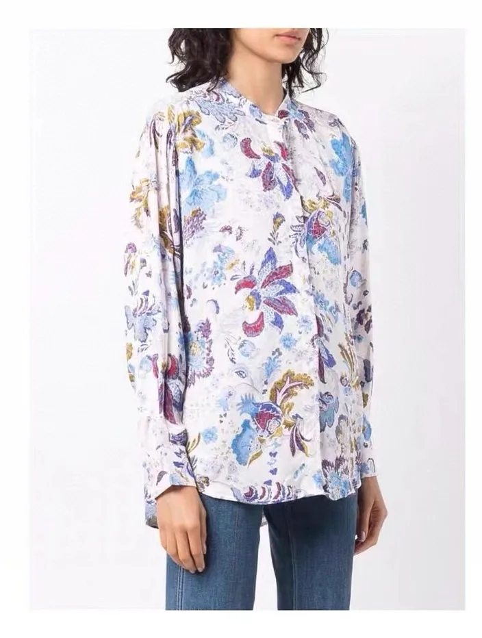 Women Shirt New Invisible Button Floral Print Temperament Commuter Shirt