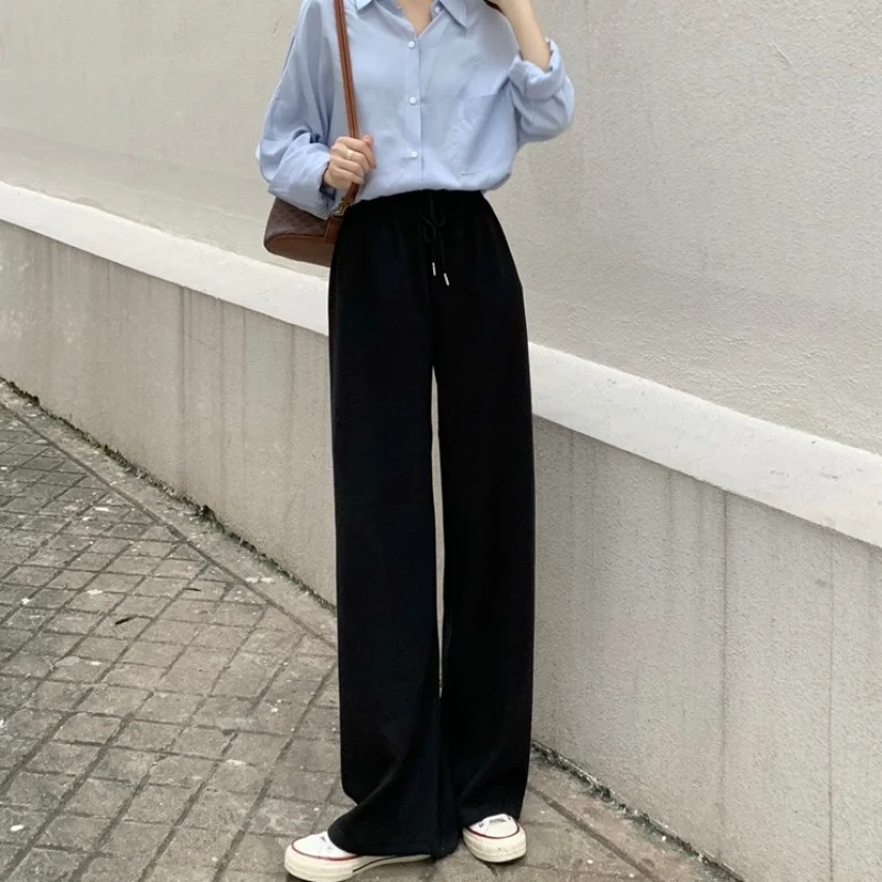 White Wide Leg Pants Women's Autumn 2021 New High Waist Hanging Loose Show Thin Drawstring Straight Sports | Женская одежда
