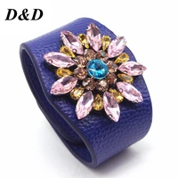 dd european fashion punk wide crystal flowers leather bracelets bangles for women cuff bracelet statement jewelry