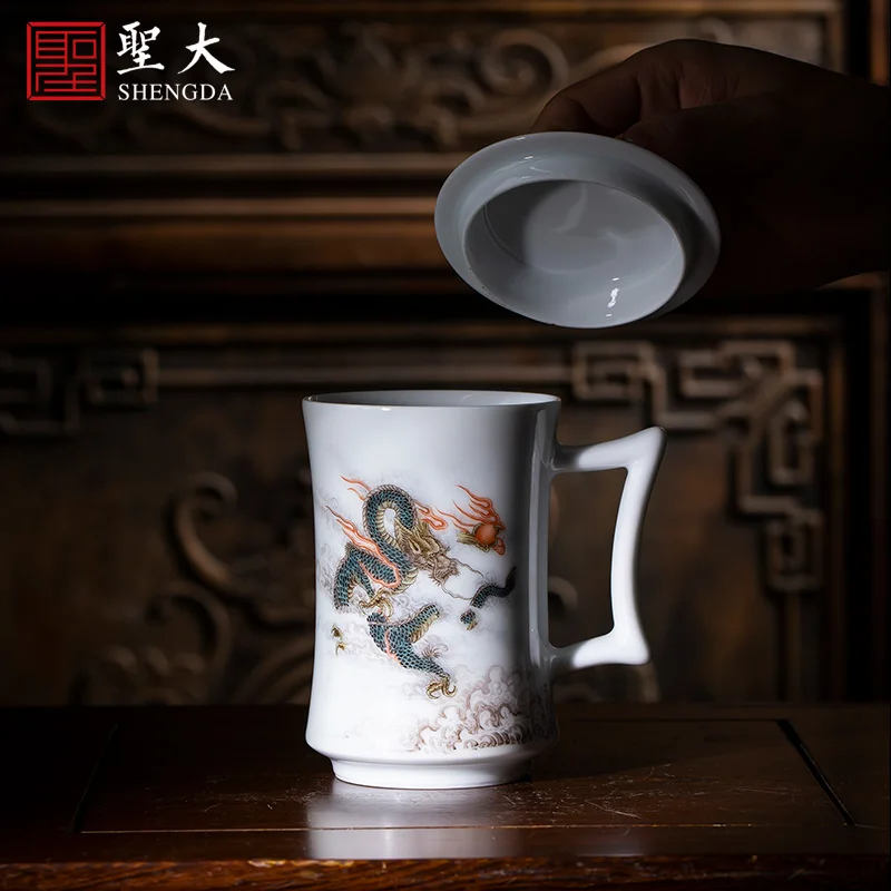 

Shengda ceramic office Cup hand painted famille rose tea cup with lid handmade Jingdezhen tea set
