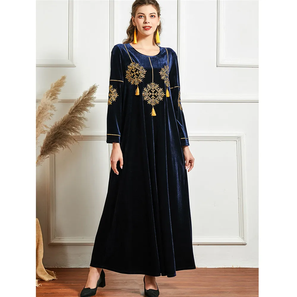 Мусульманское Макси-платье с вышивкой Abaya, этническое Женское зимнее теплое бархатное длинное платье, вечерние тажное вечернее платье с кру...