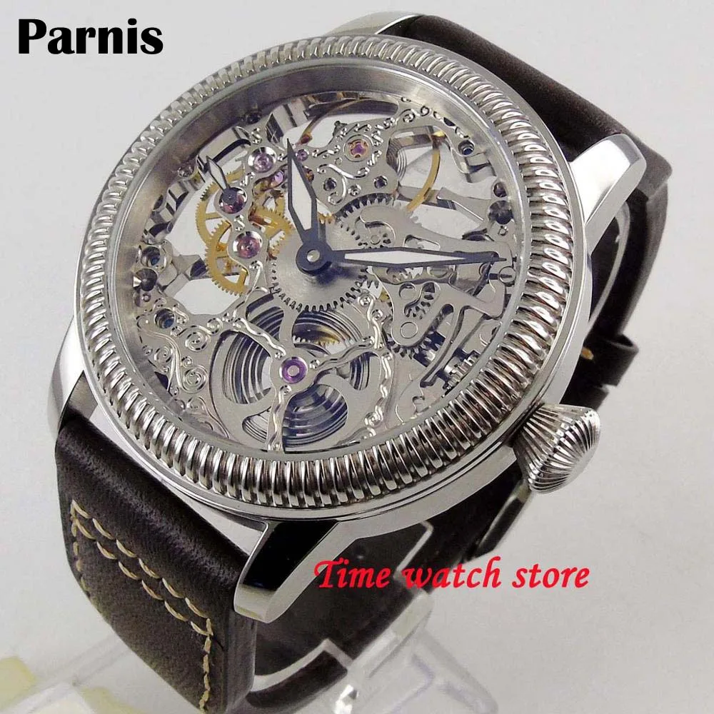 Роскошные 44 мм Парнис полые Для мужчин мужские часы светящиеся стрелки 17 jewels