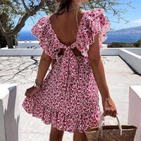 vintage floral print elegant women mini dress 2021 summer sexy backless lace up ruffle dress casual lady beach dresses vacation