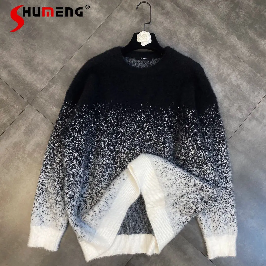 

Winter 2021 New O Neck Long Sleeve Furry Gradient Starry Sky Dotted Mink Velvet Sweater Loose Warmsway Knitwear Streetwear